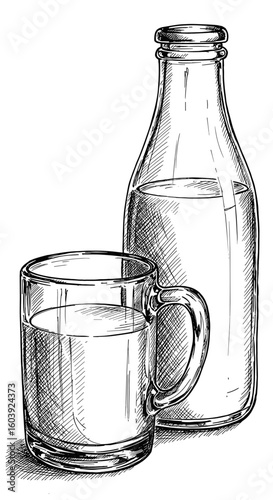 Gravure vintage bouteille de lait et verre, illustration encre noire dessinée à la main, style rétro pour étiquette, impression, emballage
