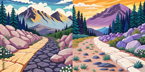 road path in rocky mountains set with stones illustration cartoon abstract collection