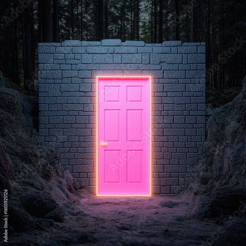 Neon Pink Door in Dark Forest Surrounding Mysterious Pathway