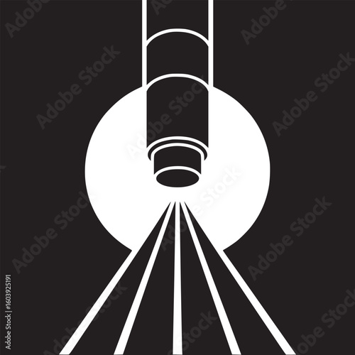 Abstract black and white illustration of a cylindrical object with emanating lines and a circle shape