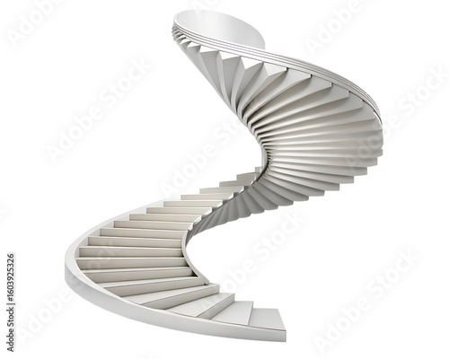 Modern white spiral staircase curving upwards against a transparent background