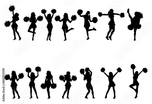 Vector silhouettes of young girls cheerleaders.