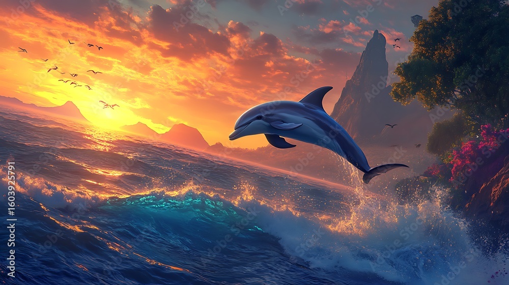 Fototapeta premium Golden light hits dolphin mid jump ocean wave high resolution picture
