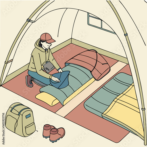 Woman inside a tent preparing a sleeping bag with a backpack and shoes visible in the tent interior space