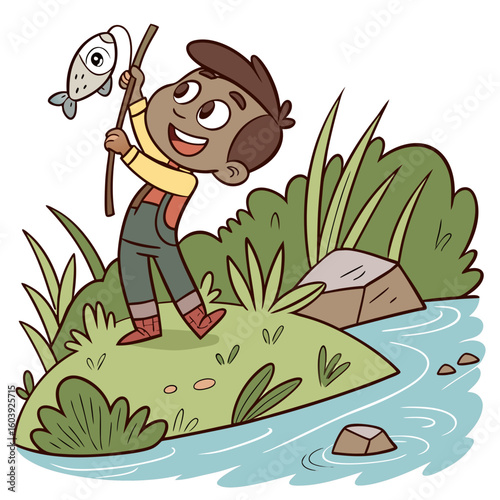 A cartoon boy smiles holding a fishing rod with a fish he caught standing near a river with green plants