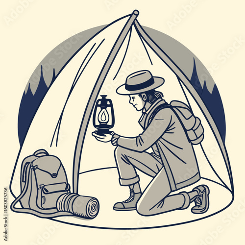 Person in a tent holding a lantern with a backpack and sleeping bag next to them in a camping scene
