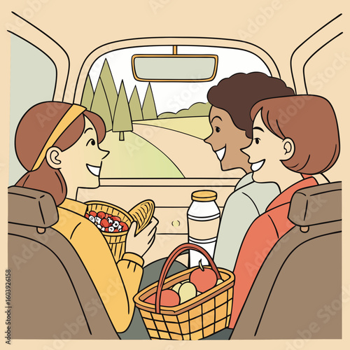 Three friends on a road trip with baskets of fruit and a jar in the car enjoying the scenery outside