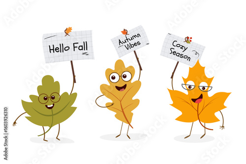 Three cartoon autumn leaves with faces holding fall-themed signs with text “Hello Fall”, “Autumn Vibes” and “Cozy Season”. Flat vector illustration