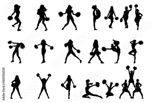Vector silhouettes of young girls cheerleaders.