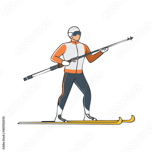 Biathlon athlete skiing with rifle, wearing sports gear in a winter competition scene