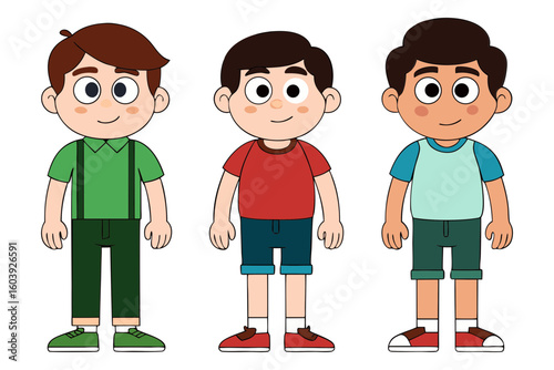 Three cartoon boys standing together against a black background
