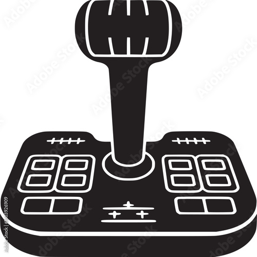 A black and white illustration of a flight simulator joystick with buttons and a control handle