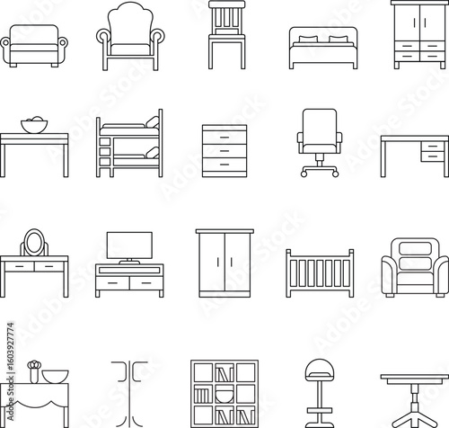 Furniture icon set, chair, table, bed, bookshelf, sofa, armchair, cabinet etc, customizable stroke, vector, illustration
