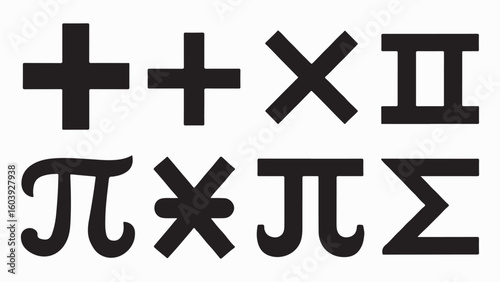 A collection of eight black mathematical symbols including plus signs, pi, sigma, and multiplication signs