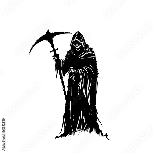 the grim reaper stands tall, scythe in hand, a monochrome harbinger of the end