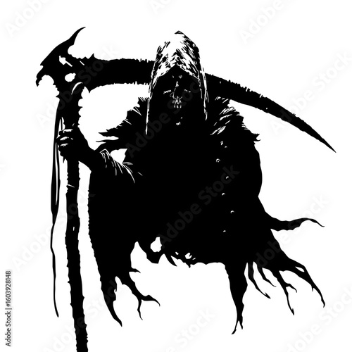 grim reaper silhouette with ornate scythe against a stark white background
