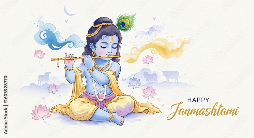 Fototapeta premium Beautiful Artwork of Lord Krishna Playing Flute with Spiritual Vibes