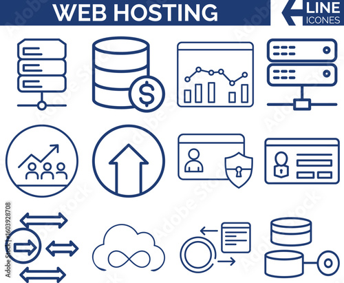 Modern Web Hosting & Cloud Icons  — Cloud, Server & Domain Vector Set. Website & Data Center,  FTP, DNS & Cloud Storage, Network & Server. Tech Hosting Icons.