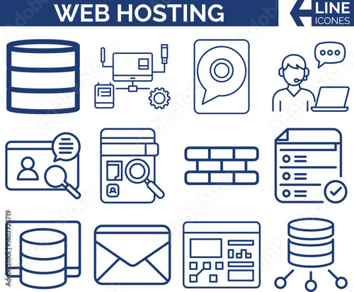 Modern Web Hosting & Cloud Icons  — Cloud, Server & Domain Vector Set. Website & Data Center,  FTP, DNS & Cloud Storage, Network & Server. Tech Hosting Icons.