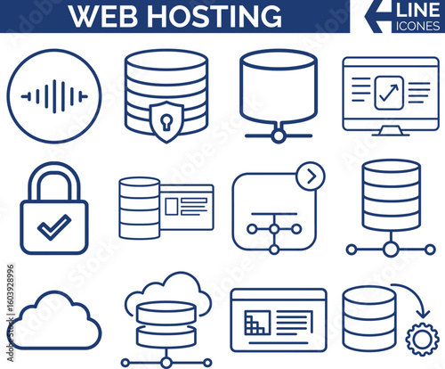Modern Web Hosting & Cloud Icons  — Cloud, Server & Domain Vector Set. Website & Data Center,  FTP, DNS & Cloud Storage, Network & Server. Tech Hosting Icons.