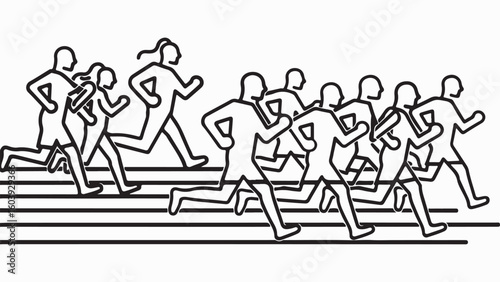Line art illustration of a group of runners sprinting on a track in a race competition event