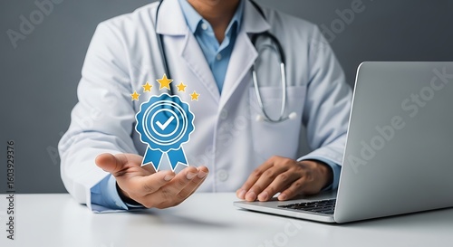 Doctor with quality award symbolizing excellent healthcare and patient satisfaction