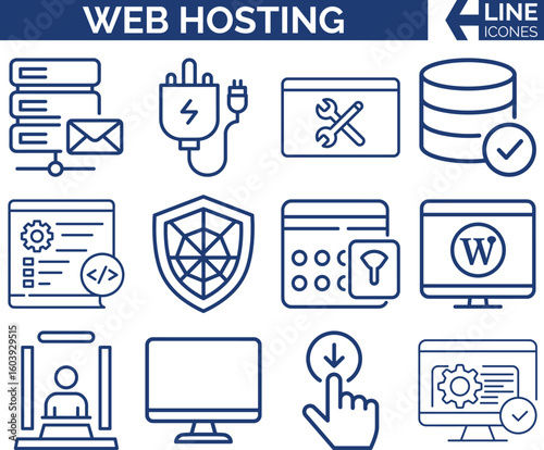 Modern Web Hosting & Cloud Icons  — Cloud, Server & Domain Vector Set. Website & Data Center,  FTP, DNS & Cloud Storage, Network & Server. Tech Hosting Icons.