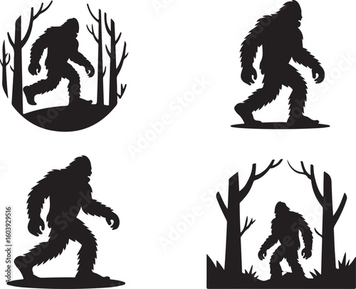Cryptid Bigfoot Silhouette Vector Set – Mythical Forest Creature in Action, Still, and Shadowy Forms