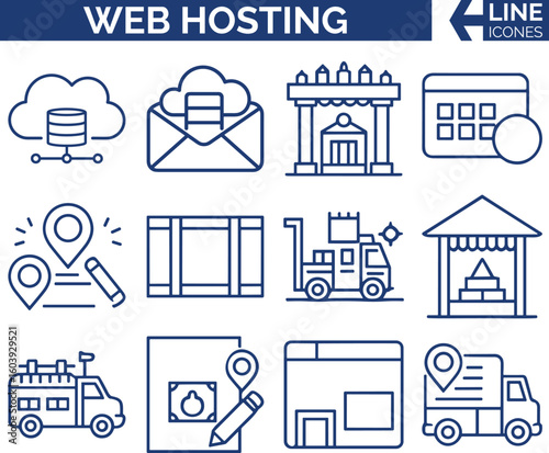 Modern Web Hosting & Cloud Icons  — Cloud, Server & Domain Vector Set. Website & Data Center,  FTP, DNS & Cloud Storage, Network & Server. Tech Hosting Icons.