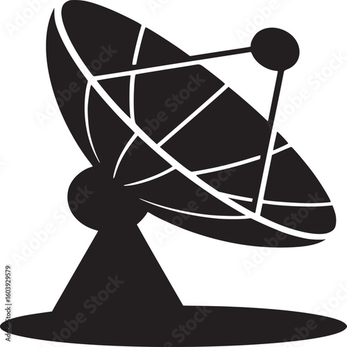 A black and white illustration of a satellite dish with a geometric design on a white background