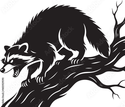 Angry Raccoon Climbing Tree Silhouette Vector – Snarling Wildlife Scene Illustration