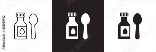 Liquid medicine bottle icon. Cough syrup icon. Icon symbol for syrup medication, vitamin, supplement, antibiotic, prescription. Vector illustration