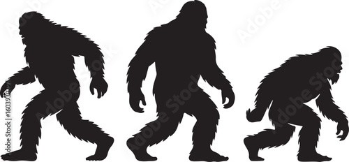 Sasquatch Silhouette Vector Icons – Side View, Front Pose, and Crouching Wilderness Creature
