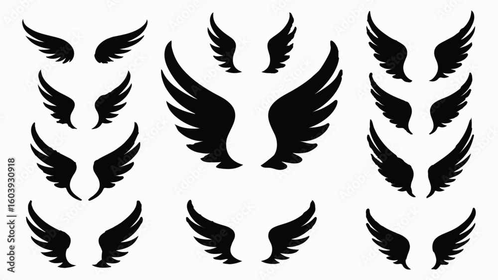 Obraz premium Collection of black vector angel wings in various sizes and styles on a white background design element
