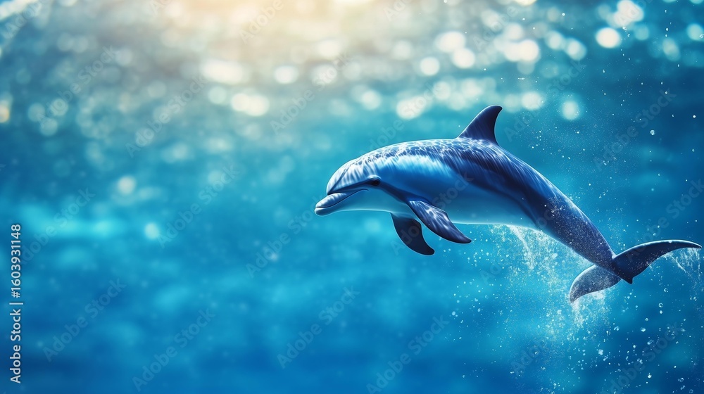 Fototapeta premium A playful dolphin leaps gracefully out of the vibrant blue ocean, showcasing its agility and beauty in a natural aquatic environment, surrounded by shimmering sunlight and water dr