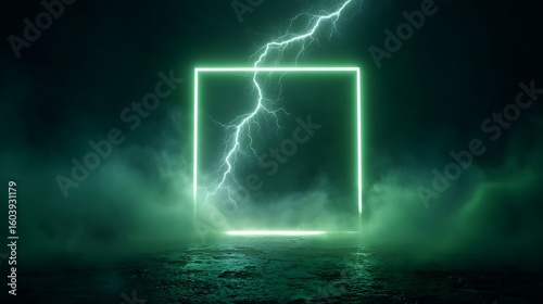 Lightning Striking Near Glowing Square Frame in Fog