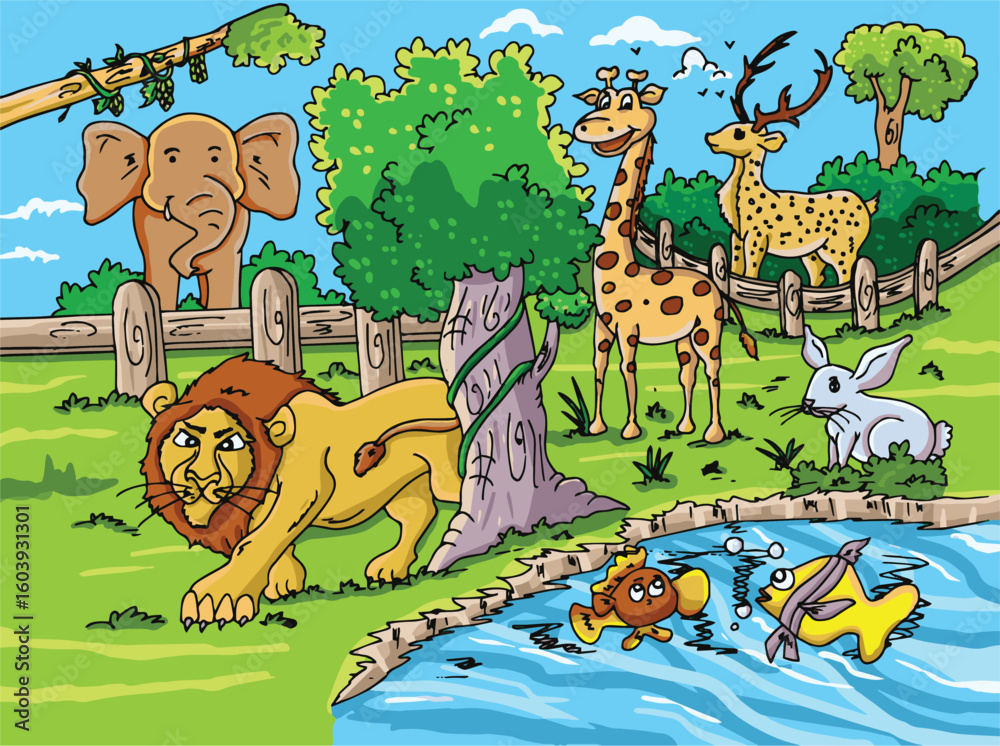 Obraz premium Cute cartoon hand drawn vector Wild animals in forest clipart.