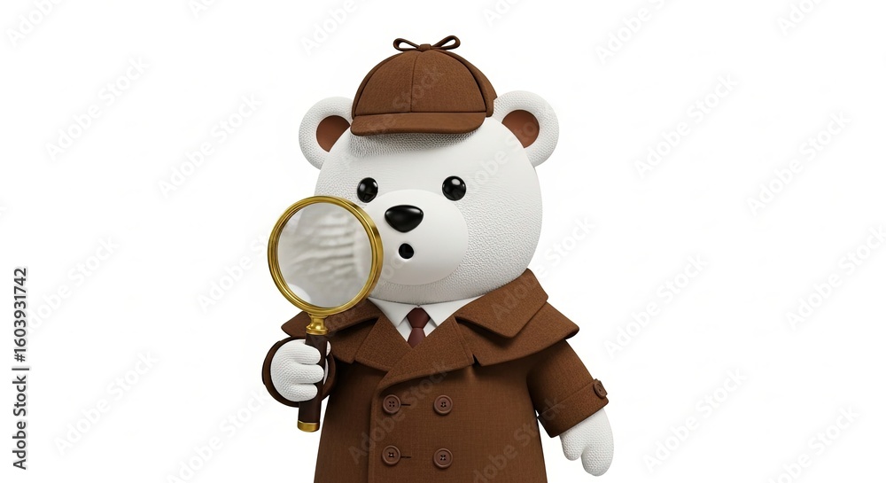 Fototapeta premium Cute Detective Bear Toy Wearing Brown Coat and Hat Holding Magnifying Glass