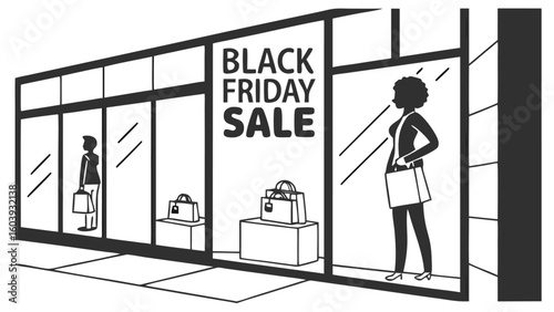 Black friday sale with shoppers looking at the window display and shopping bags in a store front view