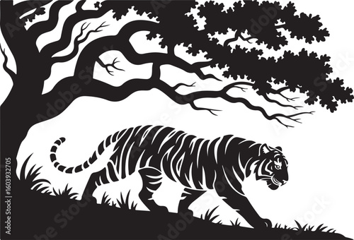 Wild Tiger and Tree Silhouettes – Predator in Forest, Stalking Pose, and Nature Scene Icons