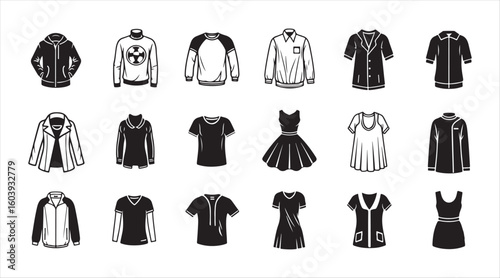 Clothing icon set. A striking black and white vector illustration that stands alone.
