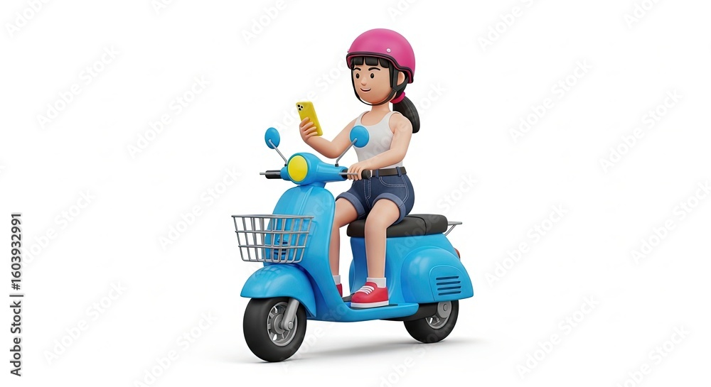 Young Girl Riding Blue Scooter Wearing Pink Helmet Using Smartphone Young Girl Riding Blue Scooter Wearing Pink Helmet Using Smartphone