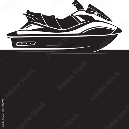 A black and white graphic of a jet ski on a body of water with a white background above the water