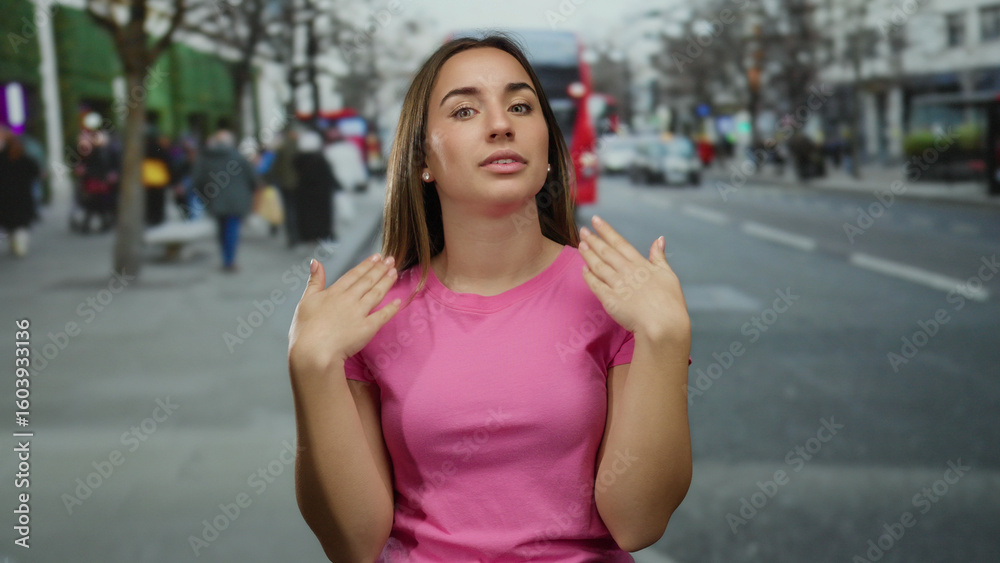 Fototapeta premium Woman feeling hot on a busy city street with a red double-decker bus in the background, wearing a pink shirt, blonde, outdoor, young, urban setting, daytime.