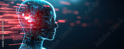 Futuristic AI powered hybrid meeting hub showcasing digital head with circuit patterns and glowing elements, symbolizing advanced technology