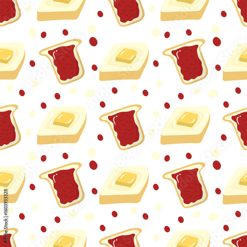 Bread with strawberry jam and butter on a white background. Food seamless pattern for clothing, fabric, wallpaper, backdrop, home decoration, cover book, and wall art.