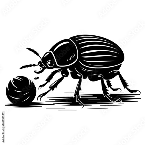 Black and white vector illustration of a dung beetle in a linocut or woodcut style for Nature Enthusiasts and Insect Art Collectors