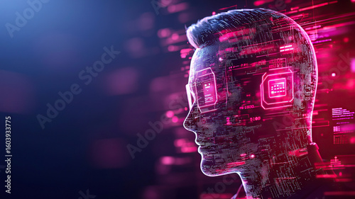 Futuristic digital interface with glowing elements, showcasing human silhouette filled with data patterns and technology
