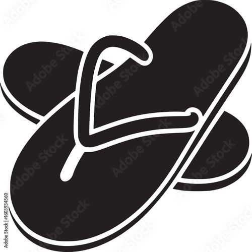 A graphic illustration of two black flip flops overlapping on a white background in a simple style
