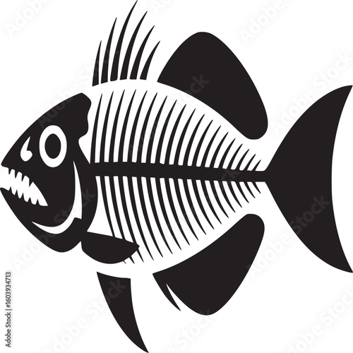 A black and white illustration of a fish skeleton with fins and tail on a white background art